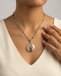Victorian Carved Shell Pearl Button w/ Tourmaline Center set in Sterling silver w/ Apetite Rosary Necklace — worn on model