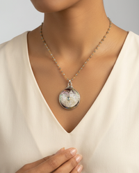 Victorian Carved Shell Tinted Castle Button w/ Aqua Marine Facet Stone Center set in Sterling Silver w/ Labradorite Necklace — worn on model