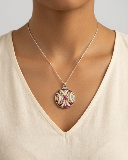Antique Button Carved Shell w/ Tourmaline Stone Center Button set in Sterling Silver Pendant accented with Sterling Silver Satellite Chain 20 " — worn on model