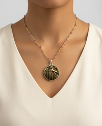 Victorian Pegasus Metal Button set in Sterling Silver Accented w/ Sapphire Facet Rosary Necklace — worn on model
