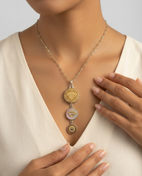 Victorian Three Button Drop w/Fans set in Sterling Silver Accented with Labradorite Stone Necklace — worn on model