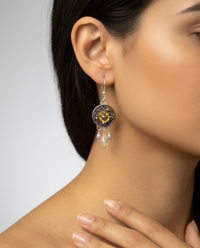 Victorian Carved Pearl Button Earrings Set in Sterling silver w/ Ethiopian Opal and pearl Stone Accent — worn on model