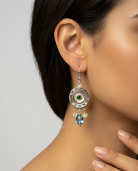Victorian Carved Pearl Button w/emerald Center set in Sterling Silver Earring accented w/ Topaz & Ethiopian opal — worn on model