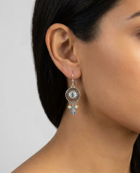 Victorian Carved Pearl Button w/topaz center set in Sterling Silver Earring accented w/ Topaz & Ethiopian opal — worn on model