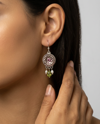 Victorian Carved Pearl floral Button w/ Tourmaline Stone center set in Sterling Silver Earring w/ Peridot & pearl accent — worn on model