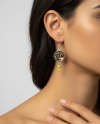 Victorian Shell w/ Floral Metal Button set in Sterling Silver w/ Ethiopian Opal Accent — worn on model
