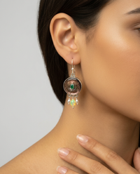 Victorian Carved Shell & Pearl Button With Emerald Center set in Sterling silver w/ Opal & Pearl Dangle Accent — worn on model