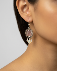 Victorian Carved Shell Button Image of Bird set in Sterling silver w/ Ethiopian Opal & Pearl Dangle Accent — worn on model