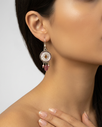 Victorian Carved Pearl Button Earrings Set in Sterling silver w/ Tourmaline Center & Carved Tourmaline and Pearl Stone Accent — worn on model