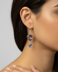 Victorian Leo Popper Glass Button set in Sterling Silver Earring w/ Kyanite Teardrop Accent — worn on model