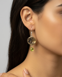 Victorian Picture Metal Palm Tree Button Earrings set in Sterling Silver Earring w/  Peridot Accent — worn on model