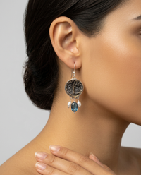 Antique Victorian Charter Oak Metal Button set in Sterling Silver Earring with Facet Topaz Stone & Pearl Accent — worn on model