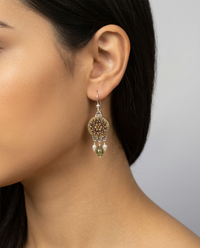 Antique Victorian Luster Glass in Metal Button set in Sterling Silver Earring with Facet Tourmaline & Pearl Accent — worn on model