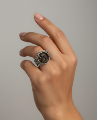 Lacy Glass Czech Republic Rare Antique Button set in  Filigree Sterling Silver Ring Size 8 — worn on model