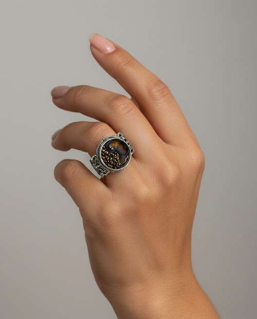 Lacy Glass Czech Republic Rare Antique Button set in  Filigree Sterling Silver Ring Size 8 — worn on model