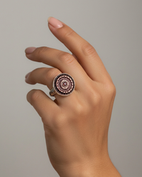 Victorian Carved Shell  Bird Design Antique Button with Garnet Facet Center Stone set in Sterling Silver Ring Size 7-1/2 — worn on model