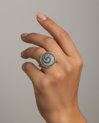 Luster Glass Button from Czech Republic set in Sterling Silver Ring Size 7.5 — worn on model