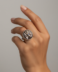 Victorian Carved Shell Grapes w/ Steel Facet Accent W/ Iolite Center Button set in Sterling Silver Ring Size 8.5 — worn on model