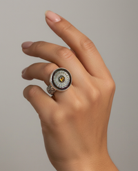 Victorian Carved Shell W/ Tourmaline Center Button set in Sterling Silver Ring Size 8.5 — worn on model