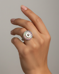 Victorian Carved Shell W/ Pearl Center Button set in Sterling Silver Ring Size 8.5 — worn on model