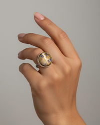 Satsuma Porcelain Hand Painted Floral Button set in Sterling Silver Ring Size 8.5 — worn on model
