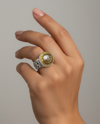 Victorian Iridescent Domed Glass in Metal Button set in Sterling Silver Ring Size 8 — worn on model