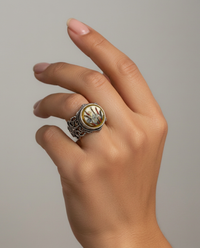 Satsuma Hand Painted Porcelain Iris Button set in Sterling Silver Filigree Ring Size 8 — worn on model
