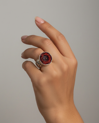 Victorian Red Lacy Glass Button set in Sterling Silver Ring Size 8 — worn on model