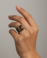 Victorian Luster Glass Button set in Filigree Sterling Silver Ring Size 7.5 — worn on model