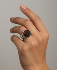 Victorian Lacy Red Button set in Sterling Silver Ring Size 7 — worn on model