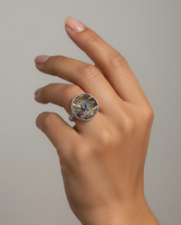 Victorian Carved Tinted Shell Button with Topaz Center Set in Sterling silver Ring Size 8.5 — worn on model