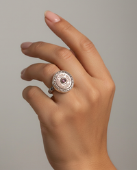 Victorian Carved Tinted Shell Button with Tourmaline Center Set in Sterling silver Ring Size 7.5 — worn on model