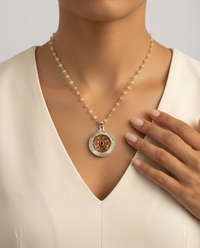 Victorian Carved Shell w/ facet Tourmaline Center  Button set in Sterling silver — worn on model