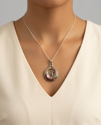 Victorian Carved Shell w/ Tourmaline Button set in Sterling silver — worn on model