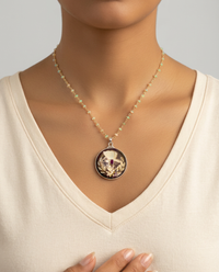 Victorian Carved Shell Butterfly Button set in Sterling silver — worn on model