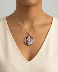 Victorian Carved Shell Button W/Ethiopian Opal Center set in Sterling silver — worn on model