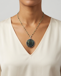 Czech Republic Luster Glass Button Set in Sterling Silver Pendant accented with Topaz Rosary — worn on model