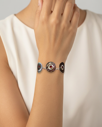 Victorian Tinted Shell and Pearl Buttons w/Garnet Stone Facet Center Bracelet — worn on model