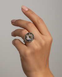 Victorian Carved Pearl Dragon w/ Tourmaline accent set in Sterling Silver Ring Size 8 — worn on model