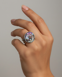 Victorian Carved Pearl w/ Tourmaline accent set in Sterling Silver Ring Size 7.5 — worn on model