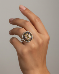Victorian Carved Pearl tinted w/ Steel facet accent & Tourmaline stone center set in Sterling Silver Size 8.5 — worn on model