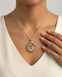 Victorian Carved Tinted pearl Button with Garnet Center set in Sterling Silver Satellite Necklace. — worn on model