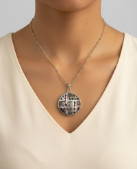 Victorian Carved Pearl Button Set in Sterling Silver Necklace w/ Labradorite Rosary — worn on model