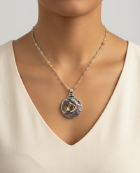 Victorian Carved Pearl Tourmaline Center Stone Set in Sterling Silver Necklace w/ Tourmaline Rosary — worn on model
