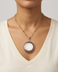 Victorian Carved Pearl Floral Design Set in Sterling Silver Necklace w/ Tourmaline Rosary — worn on model
