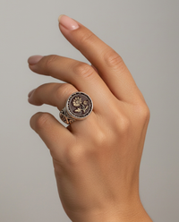 Victorian Ivroid Floral Tinted Button set in Sterling Silver Ring Size 7 — worn on model