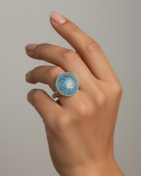 Victorian Robins Egg Blue Glass Button Ring set in Sterling Silver Size 7.5 — worn on model