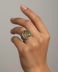Victorian Picture Metal Button Ring set in Sterling Silver Size 7 — worn on model