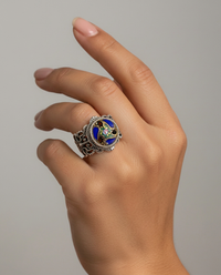 Victorian Hand Painted Enamel Button Ring set in Sterling Silver Size 7.5 — worn on model