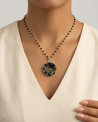 Victorian Gold Painted Glass Button set in Sterling Silver with Spinnel Rosary necklace — worn on model